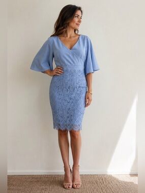 Paper Dolls Light Blue Wrap Bodice Lace Pencil Midi Dress
